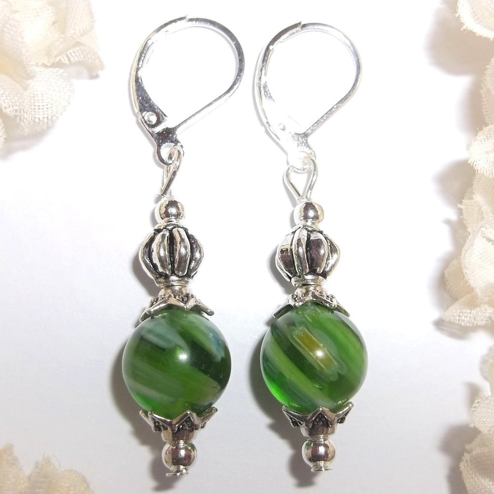 Green Glass Beaded Earrings Silver Dangle Drop Unique Funky Style Set Pair 7112